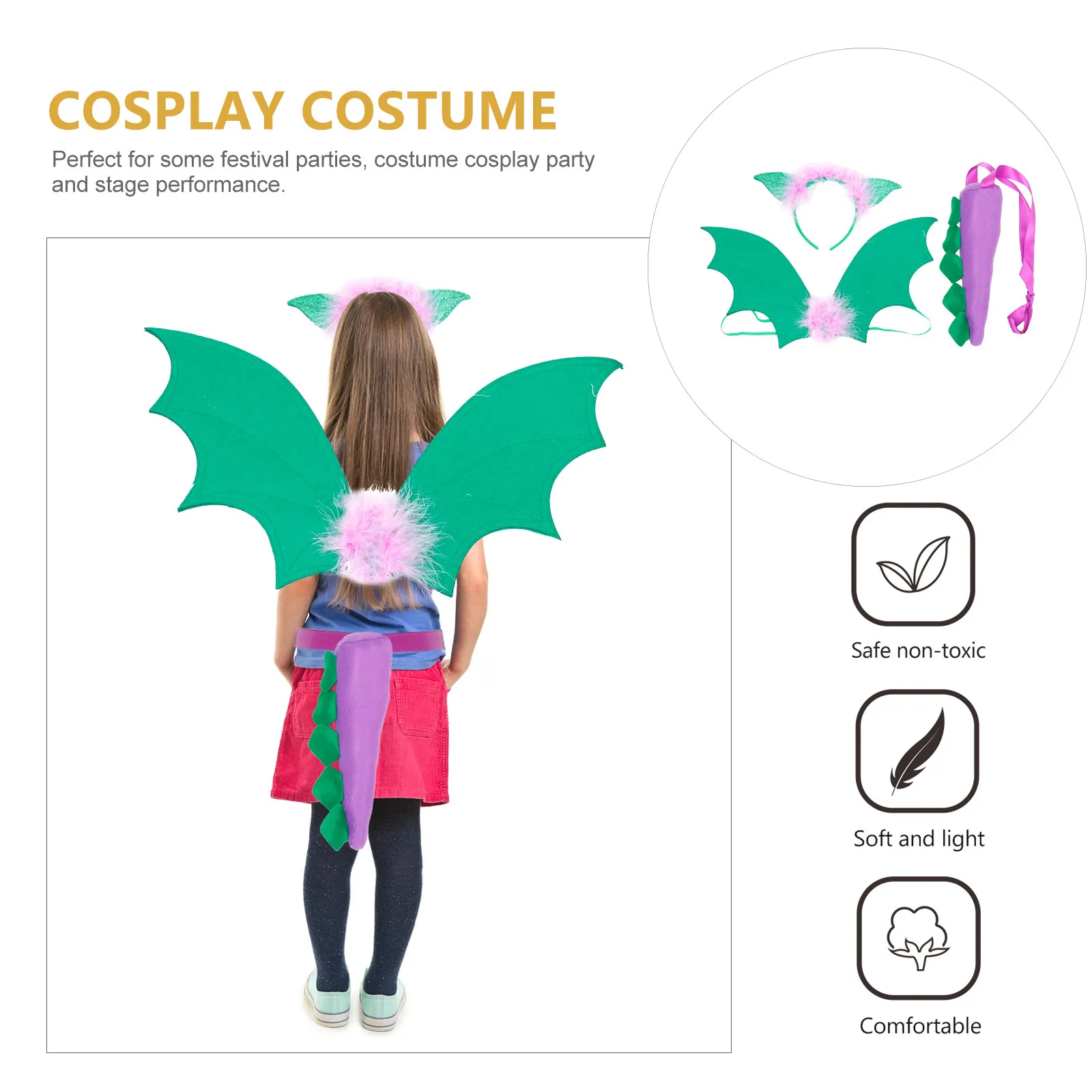 1Set Dinosaur Wing Tail Headband Dress Up Prop Exquisite Cartoon Design Bright Colors Carnival Festival Stage Performance