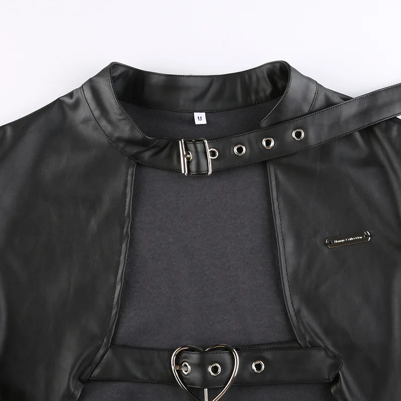Irregular Black Leather Jacket for Women Handsome Backpack Buckle Design Spring Autumn European American Spicl Girl Outdoor New