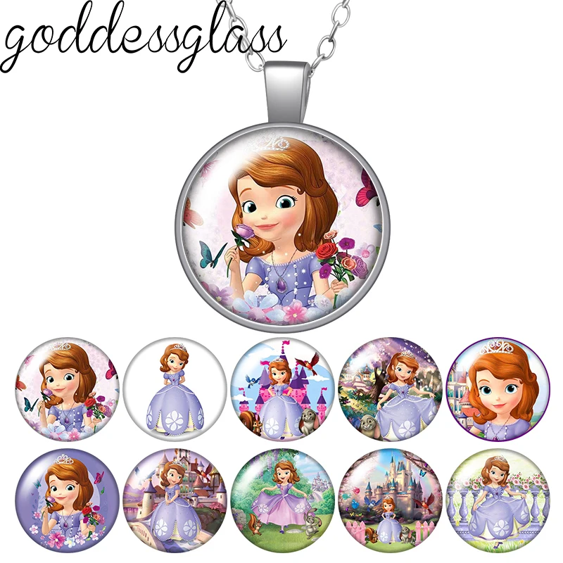 Disney Princess Sofia purple Girls Cartoon Round Photo Glass cabochon silver plated pendant necklace jewelry Gift