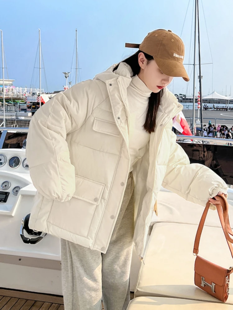 Frauen übergroße koreanische Puffer jacke Herbst Winter Kapuze warme Verdickung kurze Parkas weibliche feste lose Streetwear gepolsterten Mantel