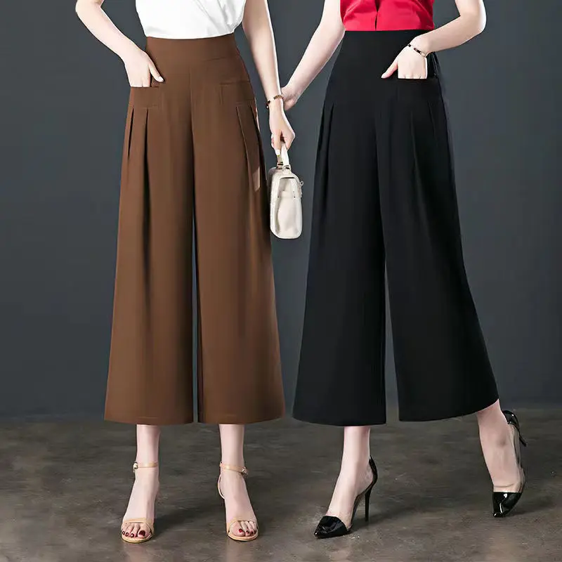 Women Summer Simplicity Elegant Ice Shreds Solid Color High Waist Wide Leg Women Clothes Casual All-match Trend Cropped Pants