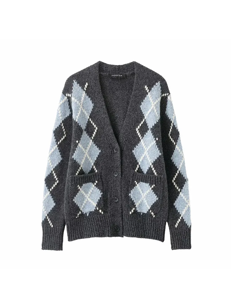 

Женский осенне-зимний однобортный вязаный свитер с v-образным вырезом и ромбовидным узором, свободный кардиган на пуговицах, базовые свитера