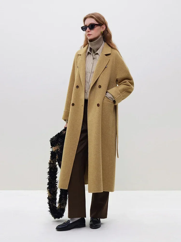 FSLE 100% Wool Black Temperament Long Double Breasted Woolen Jackets 60.6% Wool 10.5% Silk Belt Design Female Beige Apricot Coat