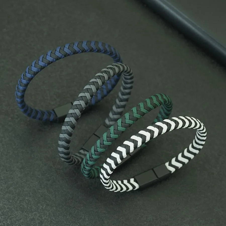 Braided Leather Herringbone Magnetic Clasp Bracelet for Men Minimalist Two-Color Woven Wristband Outdoor Cycling Braslet