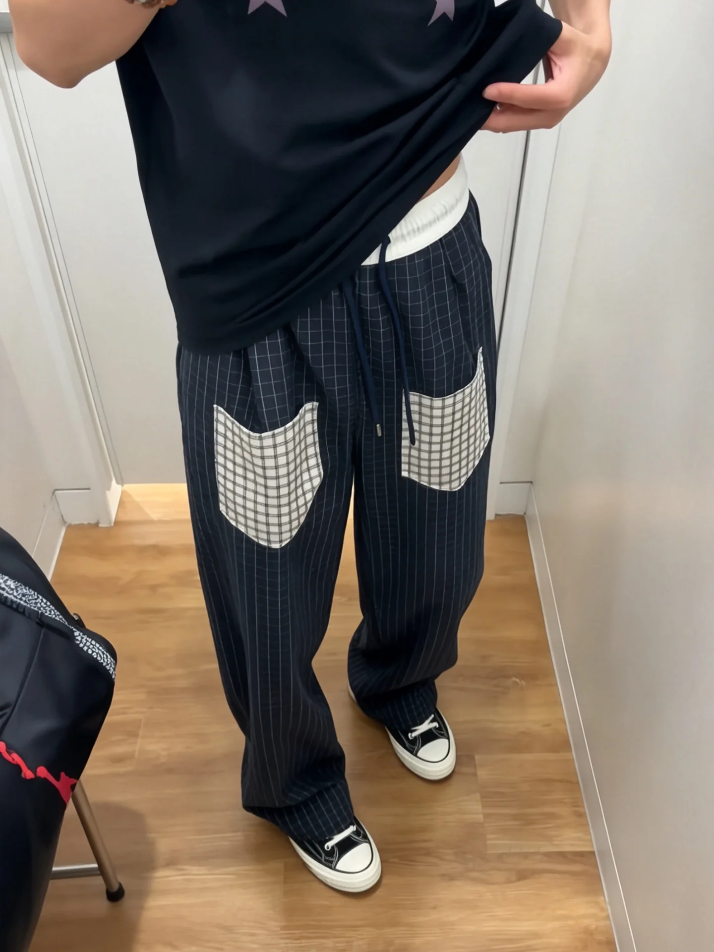 Light Blue Plaid Casual Pants Men's Summer Thin Color Block Waist Design American Retro Style Straight Leg Polyester Fiber