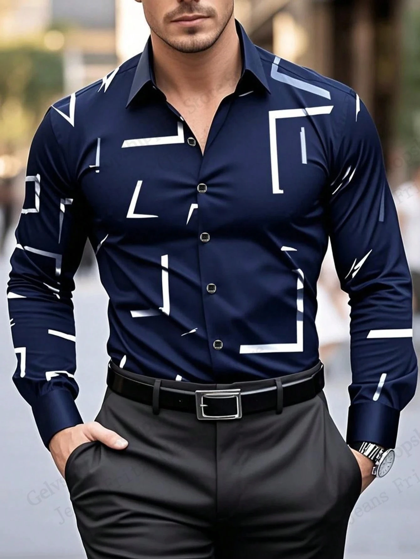 Mens Formal Business Long Sleeve Geometric Single-Breasted Shirt Lines 3d Print Graphic Shirt Men Fashion Hawaiian Office Blouse