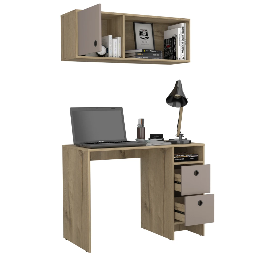 Khali 2-Pc Office Set, Two Shelves Two Drawers Wall Cabinet Single Door Cabinet -Light Oak / Taupe