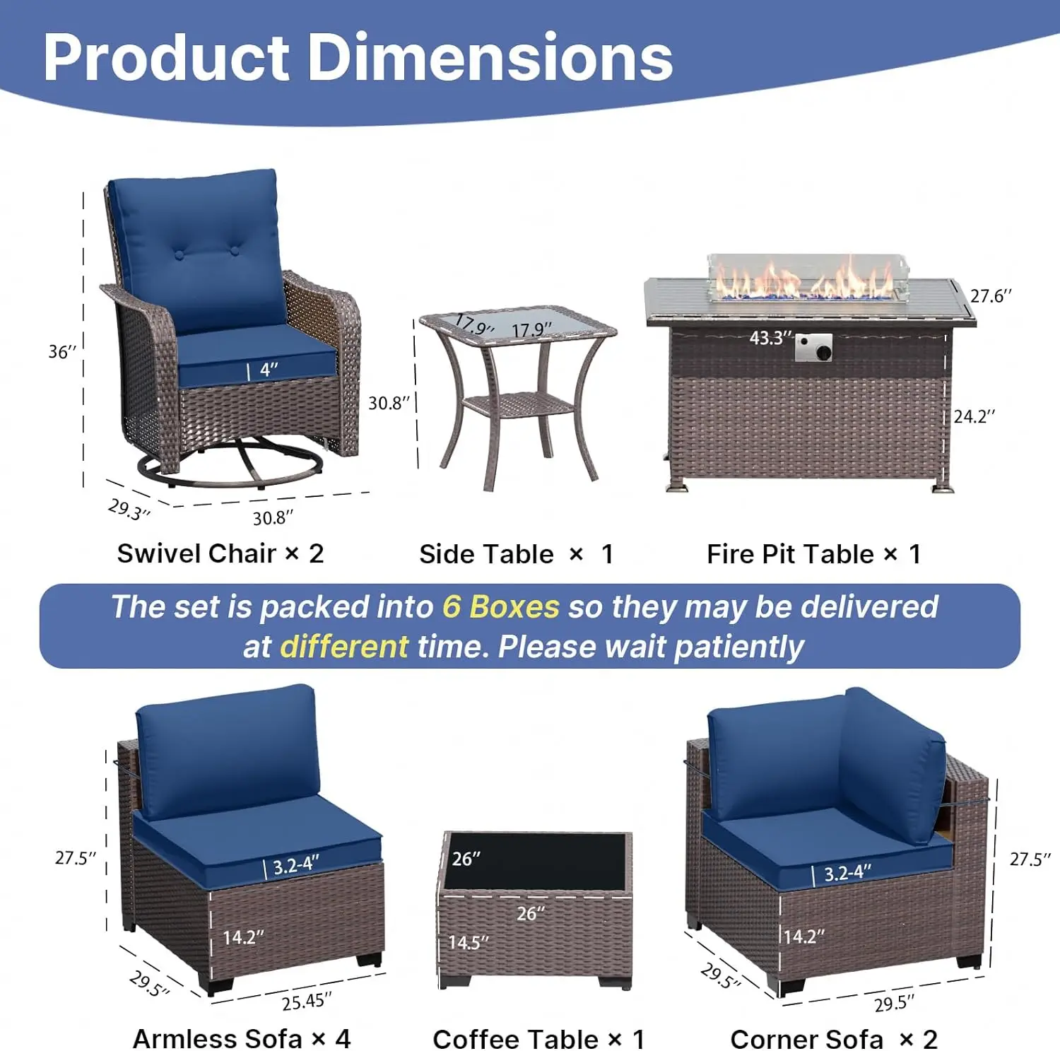 11pcs Outdoor Sectional Sofas w/55000 Gas Fire Pit Patio Conversation Set w/8 Cushions &2 Swivel Chairs - Dark Blue