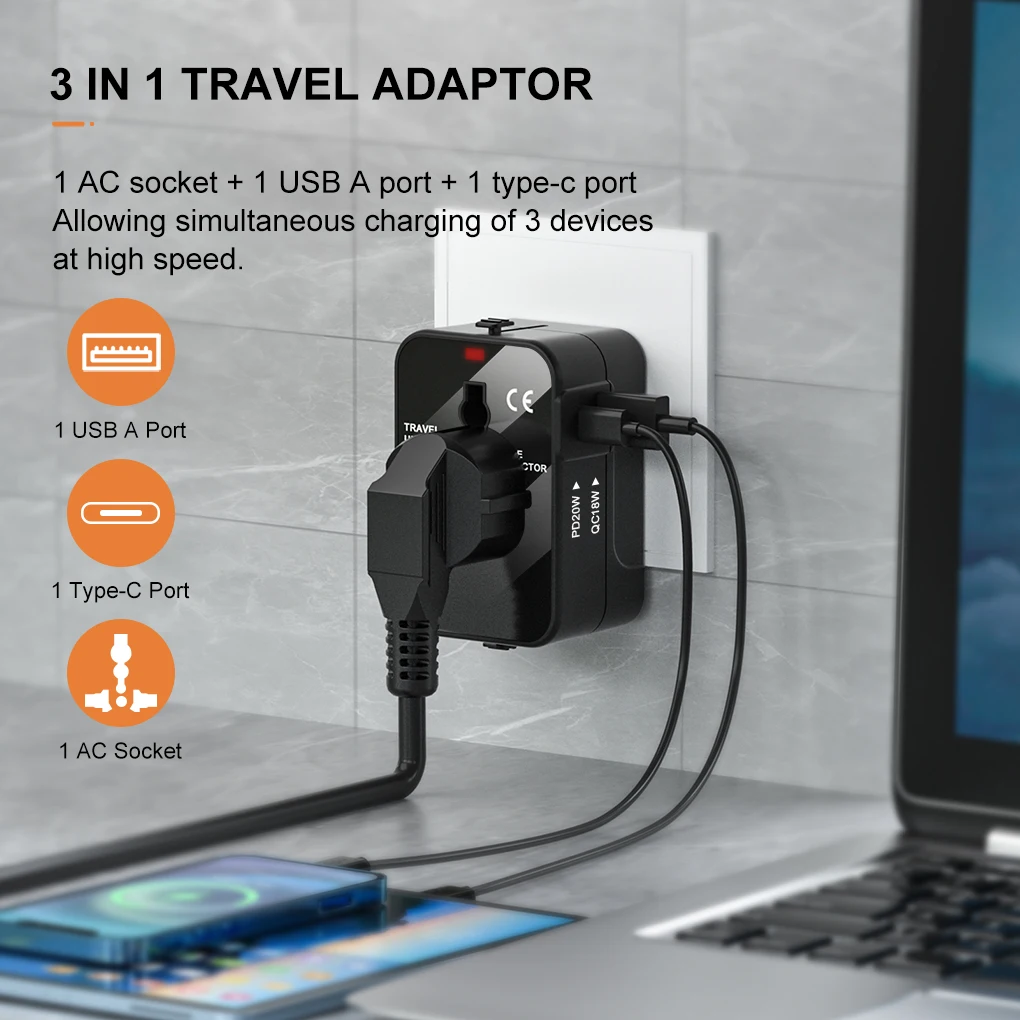 3-in-1 Global Universal Travel Adapter PD20W/QC18W Fast Charging Built-in Fuse Portable Multi-functional Power Adapter