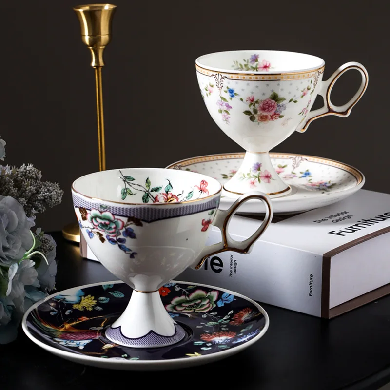 Nordic exquisite bone china coffee cup plate light luxury gold edged ceramic cup, vintage flower tea, high-end afternoon tea cup