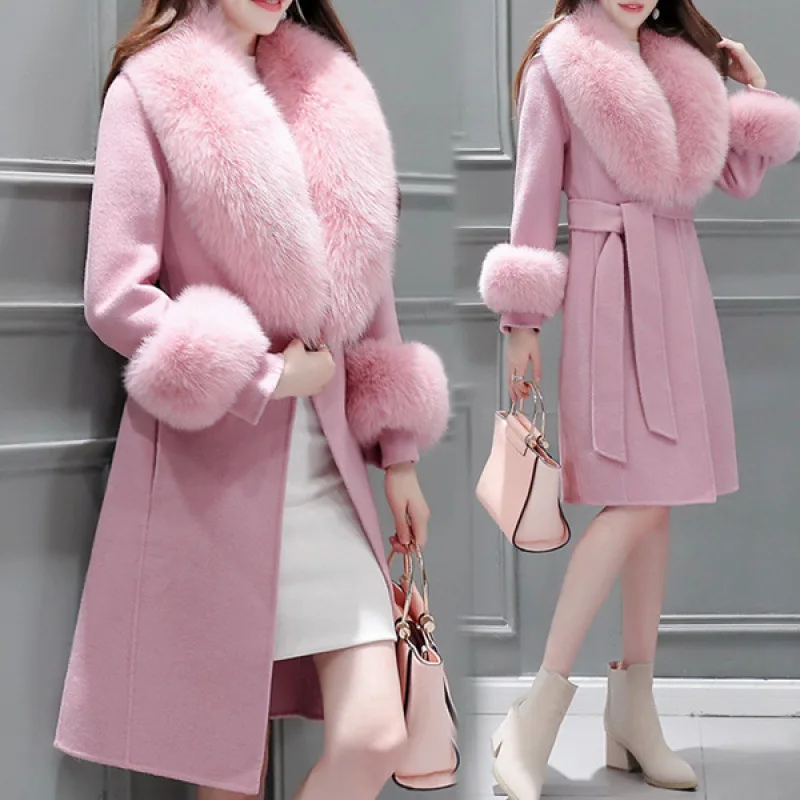 

Woolen coat women's medium and long Korean version of the new winter slim-fitting strap-up large woolen coat removable Mao