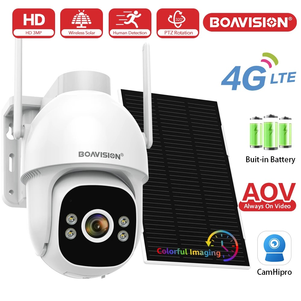 Cámara Solar AOV 4G para exteriores, detección humanoide de 3MP, grabación de 7x24H, visión nocturna a todo Color, cámara de seguridad con batería integrada