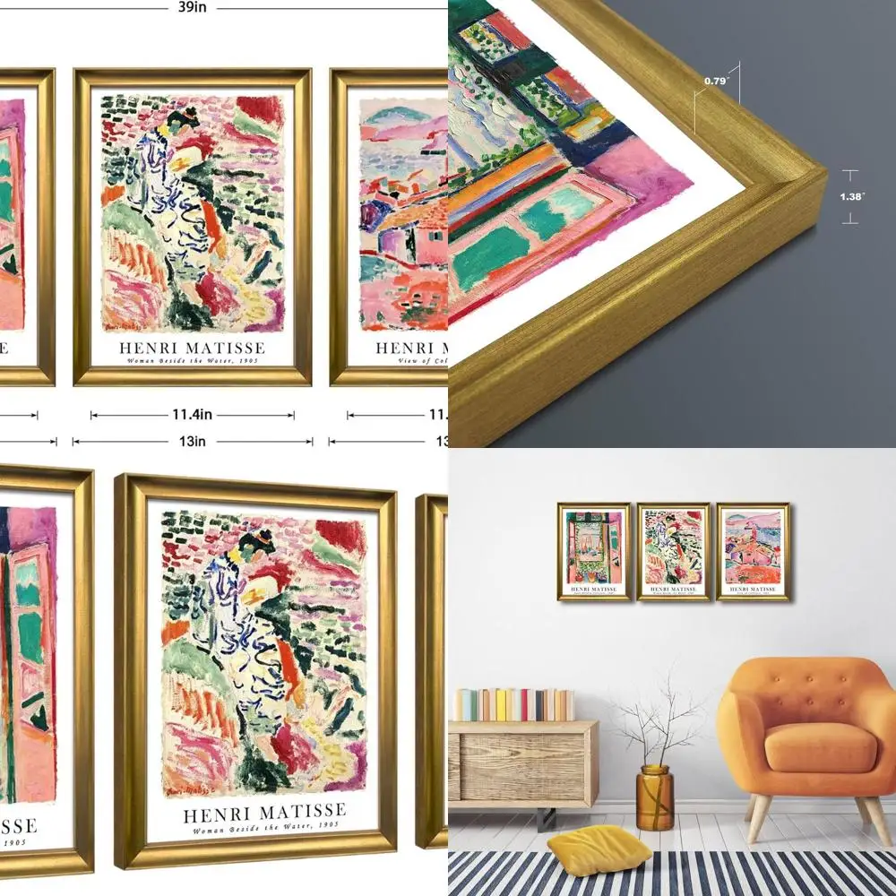 Lienzo abstracto inspirado en Henri Matisse de 3 piezas con marco dorado bronce para el hogar y la oficina