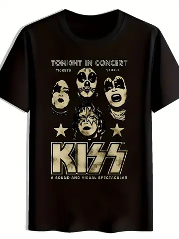 Kiss Rock Band T-shirt grafica da uomo a maniche corte girocollo in poliestere con stemma iconico nel design dei concerti nero