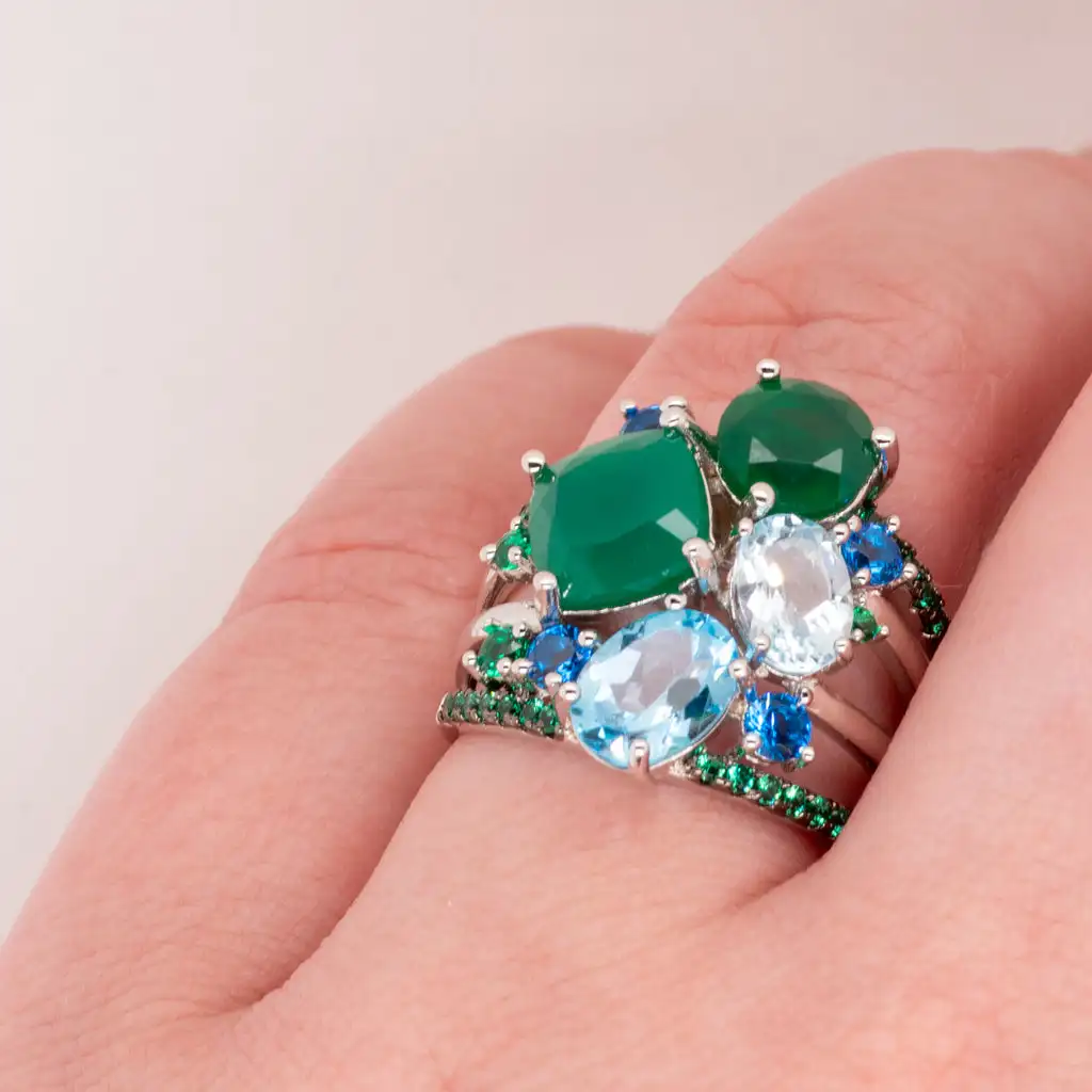 GEM\'S BALLET 925 Sterling Silver Stack Rings Natural Green Agate Topaz Gemstones Finger Ring for Women Wedding Fine Jewelry