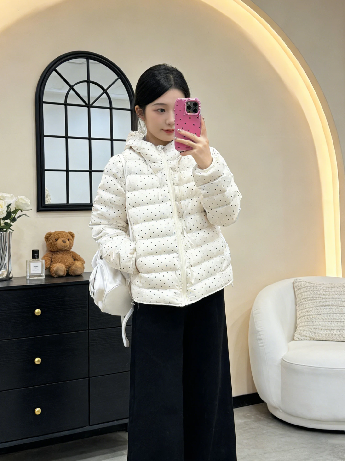 

Sweet Polka Dot Lightweight Dotted Ribbed Hooded down Cotton Jaet Women's Autumn Winter New Small Size Warm Cotton Clothes ...