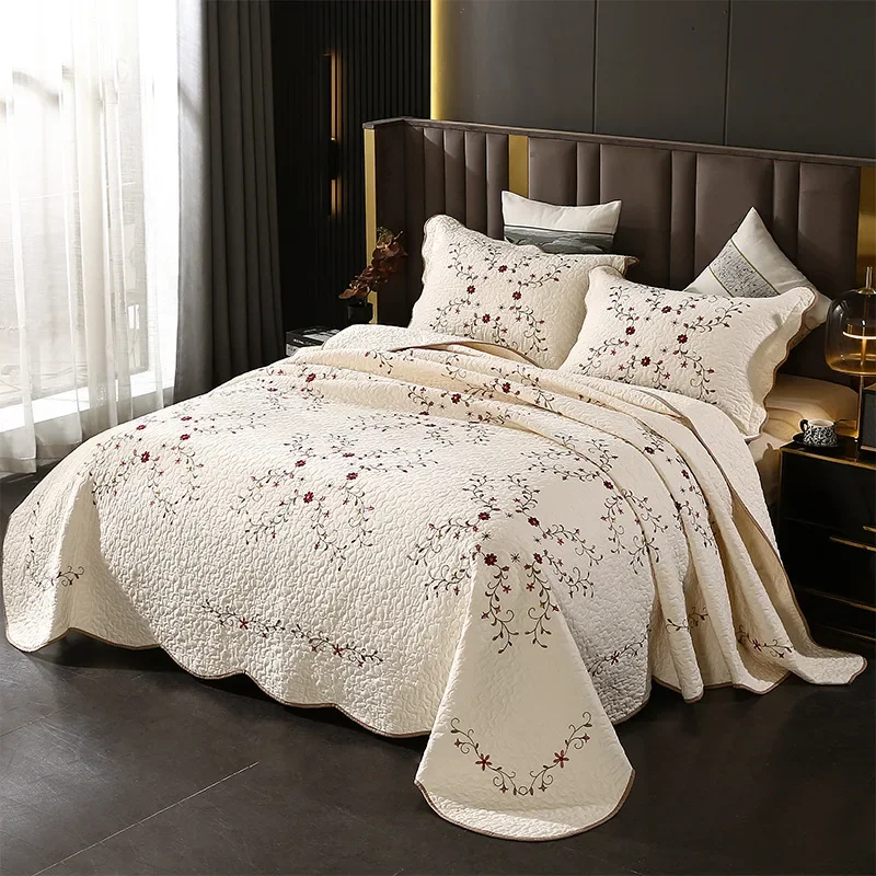 Modern European 3PCS Quilt Set Embroidered Skin-Friendly Breathable 100% Cotton Bedspread with Pillowcase Summer Thin Bedding
