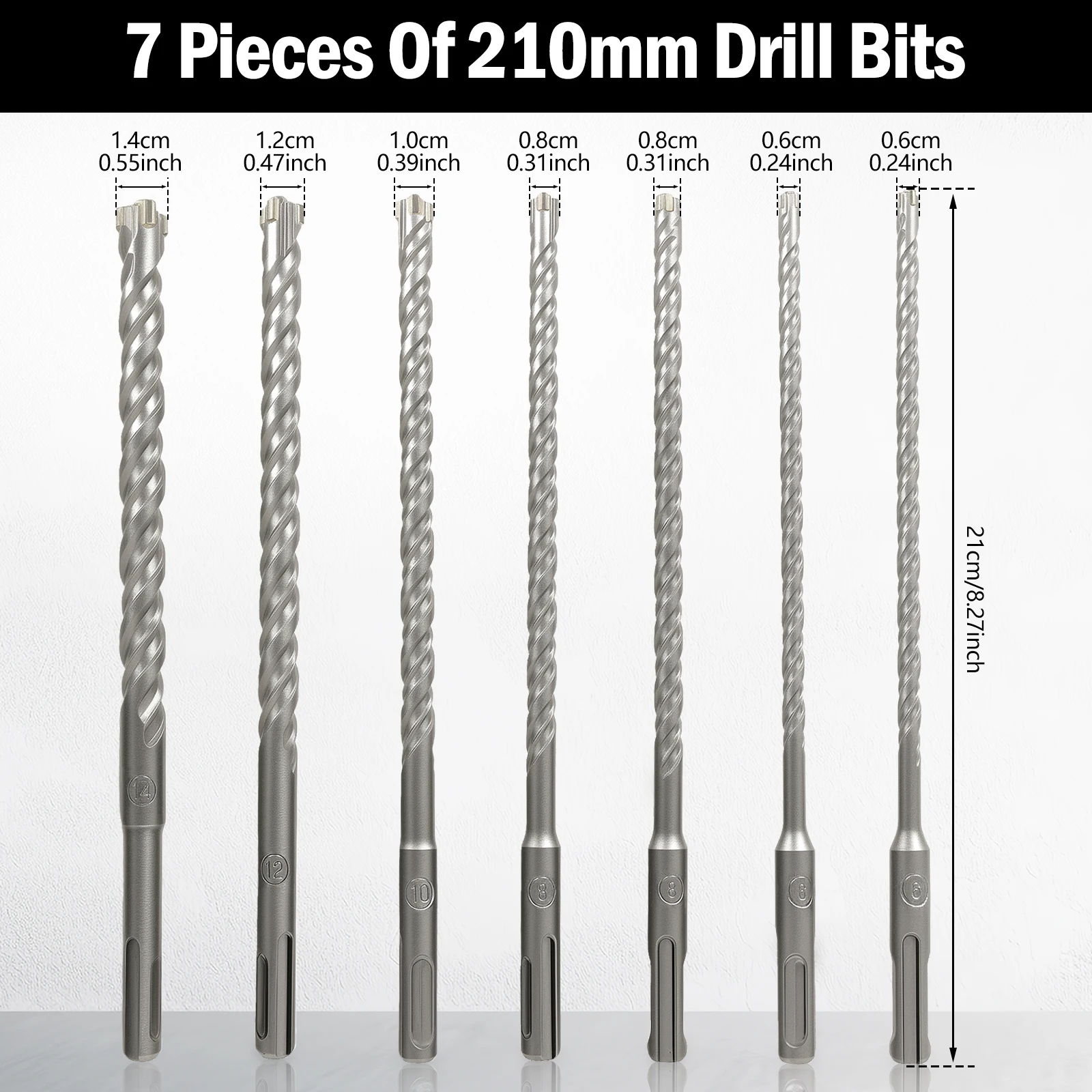 

SDS Plus Drill Bit Set 4 Flute Drill Bits Diameter 6-14mm Double Helix Extended Impact Concrete Drill Bit for Concrete Granite