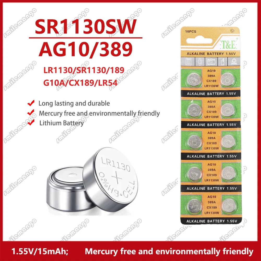 2 uds-50 Uds 1,55 V AG10 LR1130 SR54 389 189 SR1130 D189 LR54 pilas de botón G10A SR1130SW célula moneda reloj juguetes batería remota