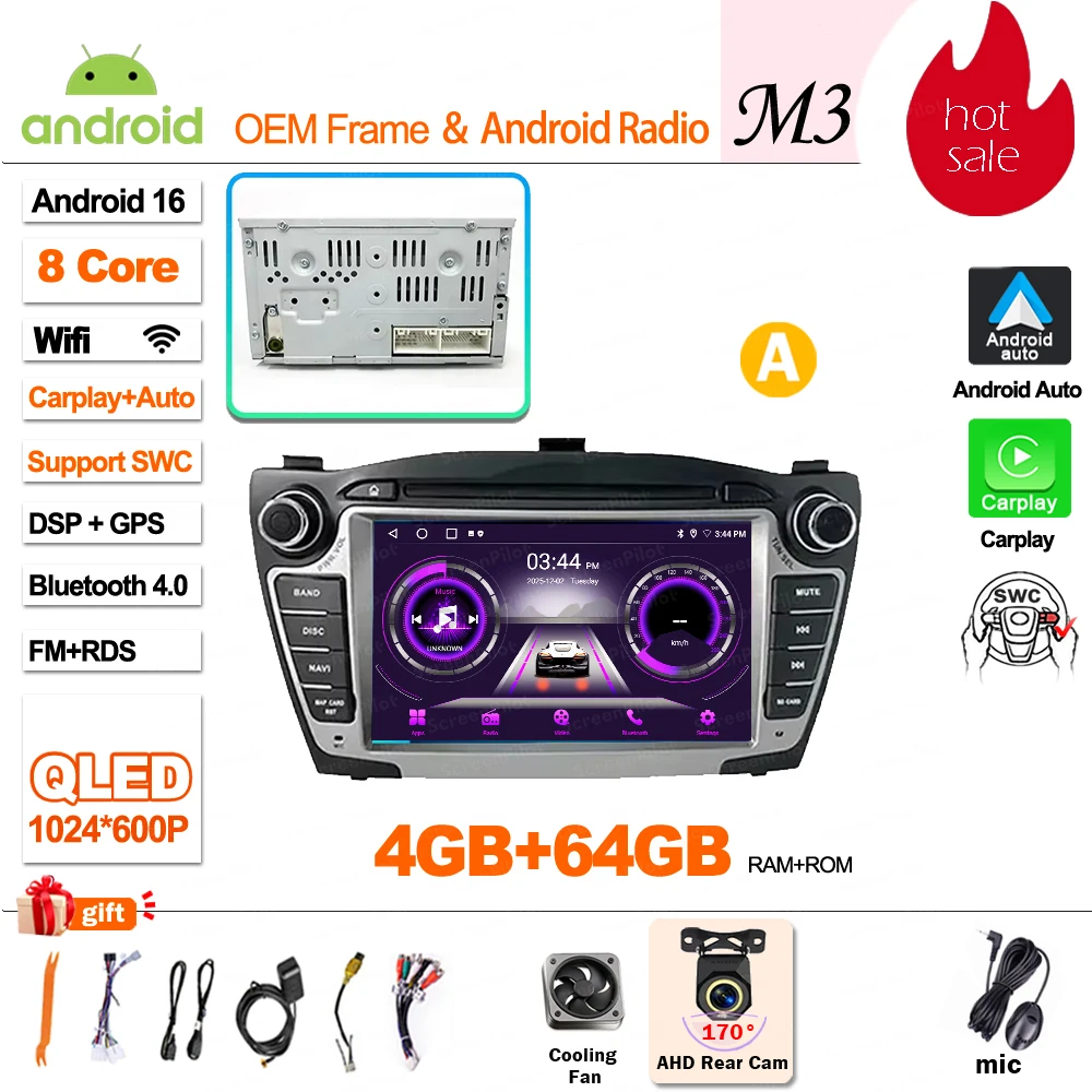 Android 16 Carplay voor Hyundai IX35 Tucson 2 LM 2009 - 2015 autoradio multimediaspeler QLED scherm GPS navigatie WiFi 5G