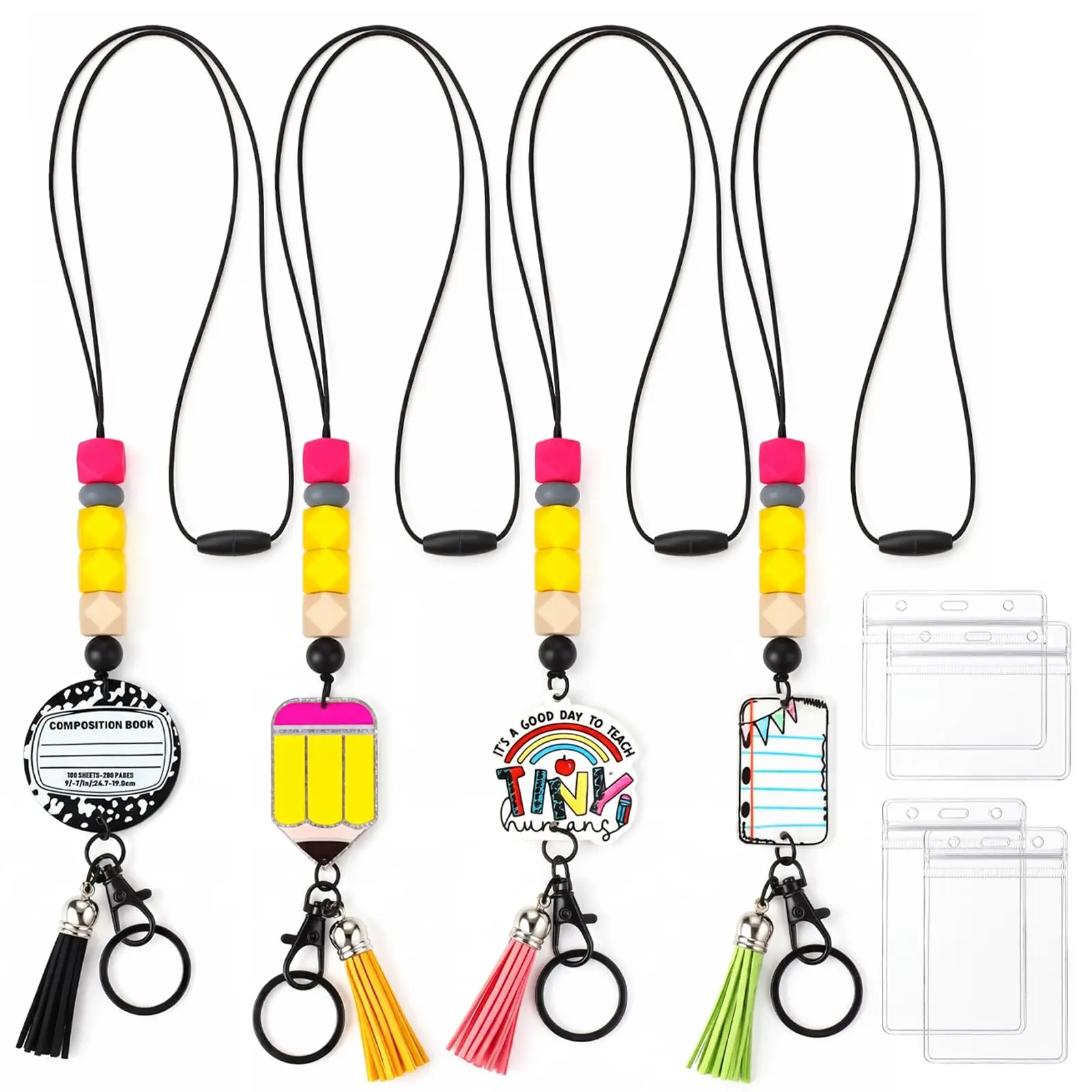 4 Pack Teacher Lanyards for ID Badges with Retractable Badge Reel and Clear ID Holder, Cute Silicone Beaded Neck Strap with Penc