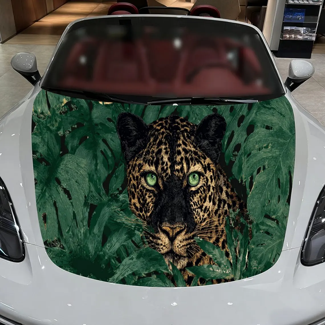 

Car Decal Leopard in Dense Tropical Green Leaf Background & Artistic, Camouflaged-Wild Visual Details Car Hood Sticker, Waterpro