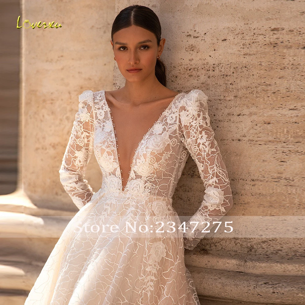 Loverxu linha a vestidos de casamento vintage com decote em v manga longa vestido de novia bordado apliques encantador feito sob encomenda vestido de noiva