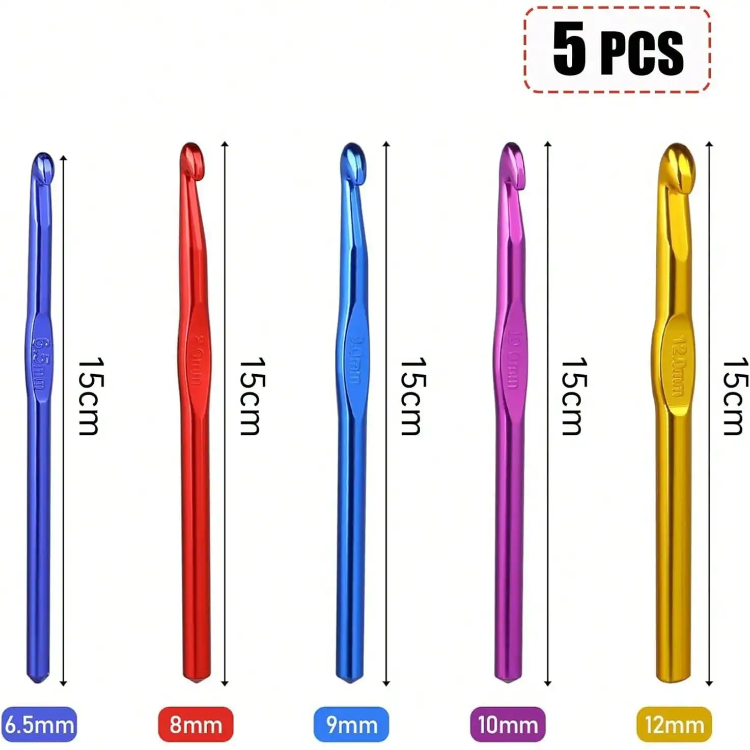 5Pcs Crochet Hook Set Random Color 6.5m-12mm Large Size Ergonomic Handle Aluminum Knitting Needles Craft Weave Yarn Set Colorful