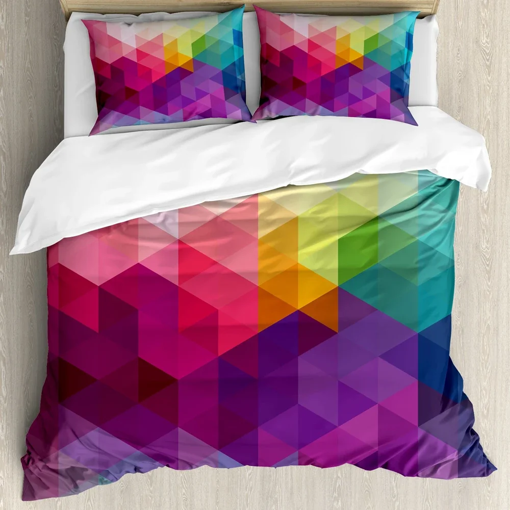 Rainbow Duvet Cover Set,Colorful Abstract Geometric Pattern with Triangle Polygon and Other Shapes Rainbow Bedding Set King Size