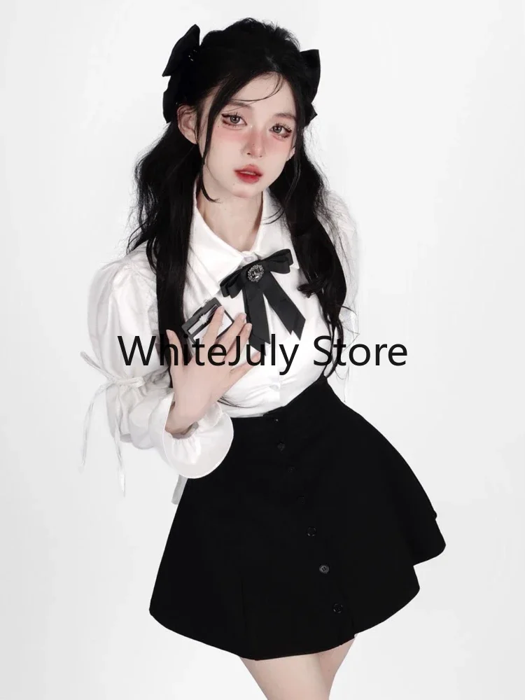 2023 Summer Sweet Two Piece Set for Women Long Sleeve White Shirts + Y2k Mini Dress Female Kawaii Clothing Korean Fashion Suits