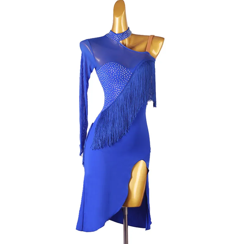 High neck one‑shoulder latin dance dress with rhinestones and tassels,suitable for dance competition and stage performance