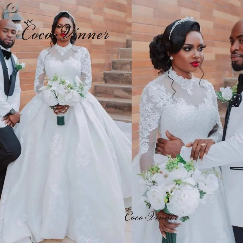 Customized Africa Style Wedding Dresses Ball Gown High Neck Long Sleeves Lace Appliques Beading Wedding Dress For Bride W1352