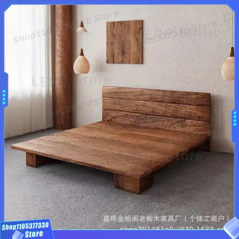 ヴィンテージ中国風古木エルム無垢材ダブルベッド（寝室、ホテル、ホームステイ、結婚式用）フロアベッドフレーム、耐久性のあるシングルサイズ