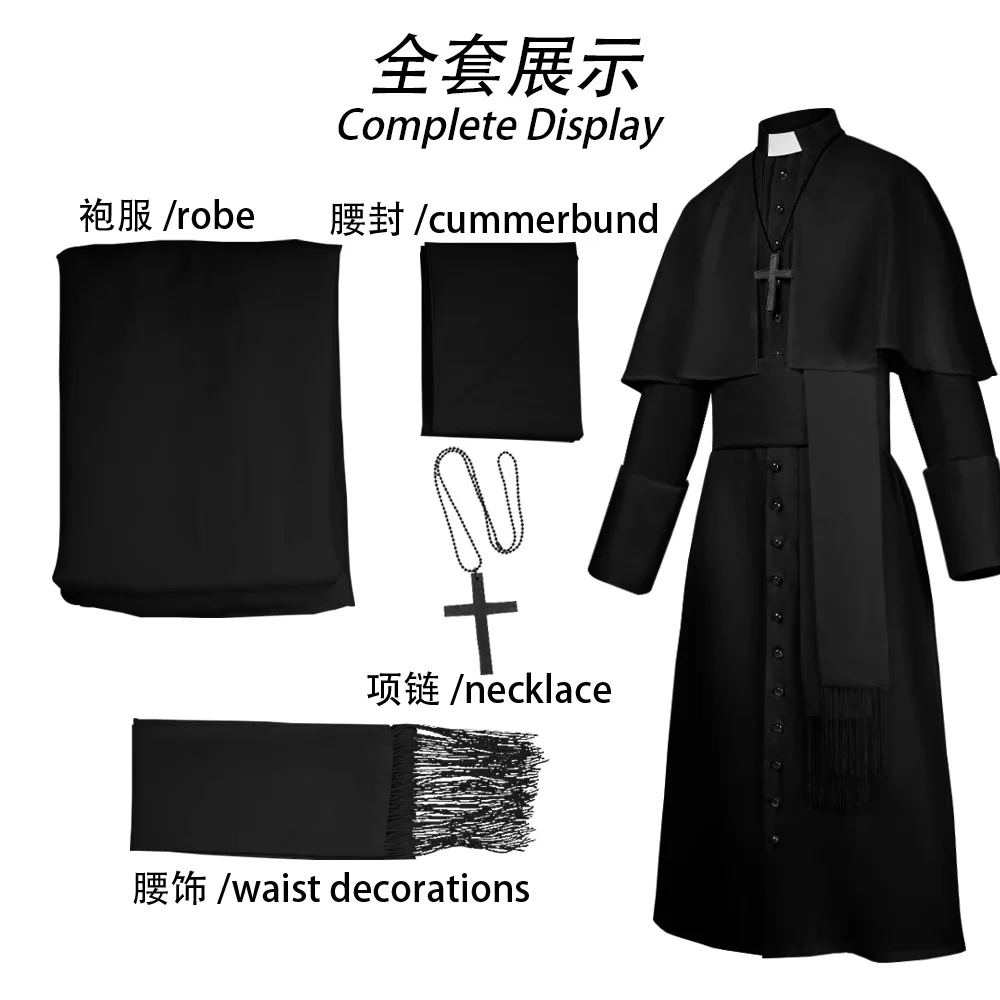 Medieval Renaissance Retro Priest Cosplay Costumes Catholic Church Religion Papal Priest Mass Preacher Solid Robe Clergy Cassock - view 6