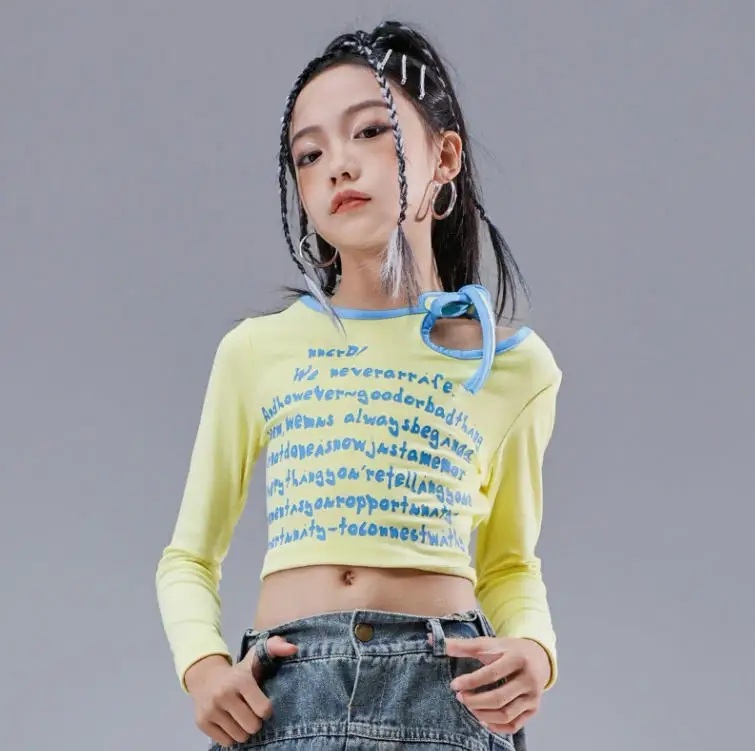 spring autumn cotton junior girls design t-shirt teenage chic shoulder leakage top child kid letter tee 4 8 10 11 12 13 14 15 16