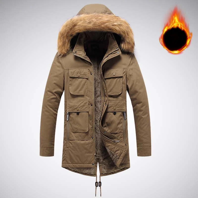 Autumn Winter Hoodie Cargo Jackets Men's Plus Velvet Windproof Warm Fashion Fur Collar Male Coat Outdoor Mountaineering Clothing