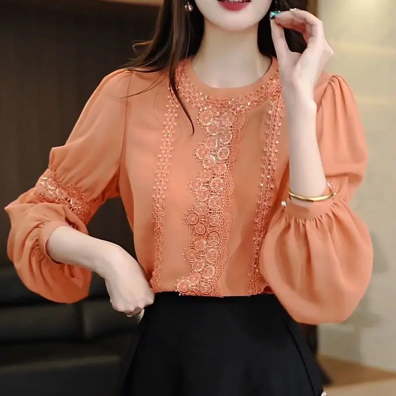 

French Luxury Sequined Chiffon Shirt 2026 Spring New Women's Clothing Chic Long Sleeve Office Lady Lace Blouse Tops