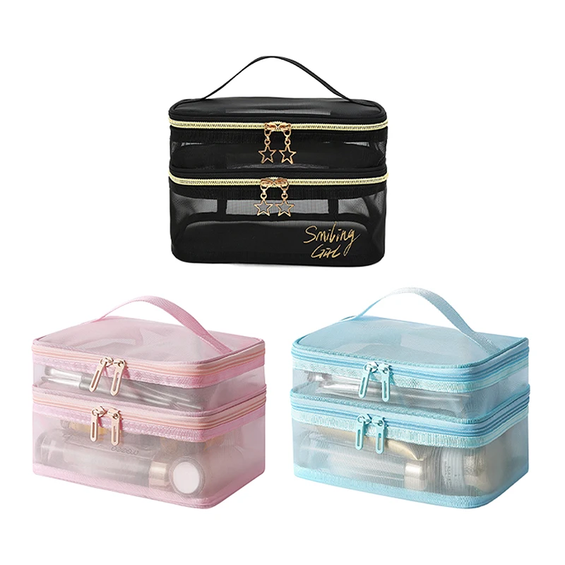 

Large Capacity Mesh Cloth Makeup Bag Travel Essentials ​Cosmetics Organizer Women Toiletry Bag Double Layer Design Cosmetic Bag