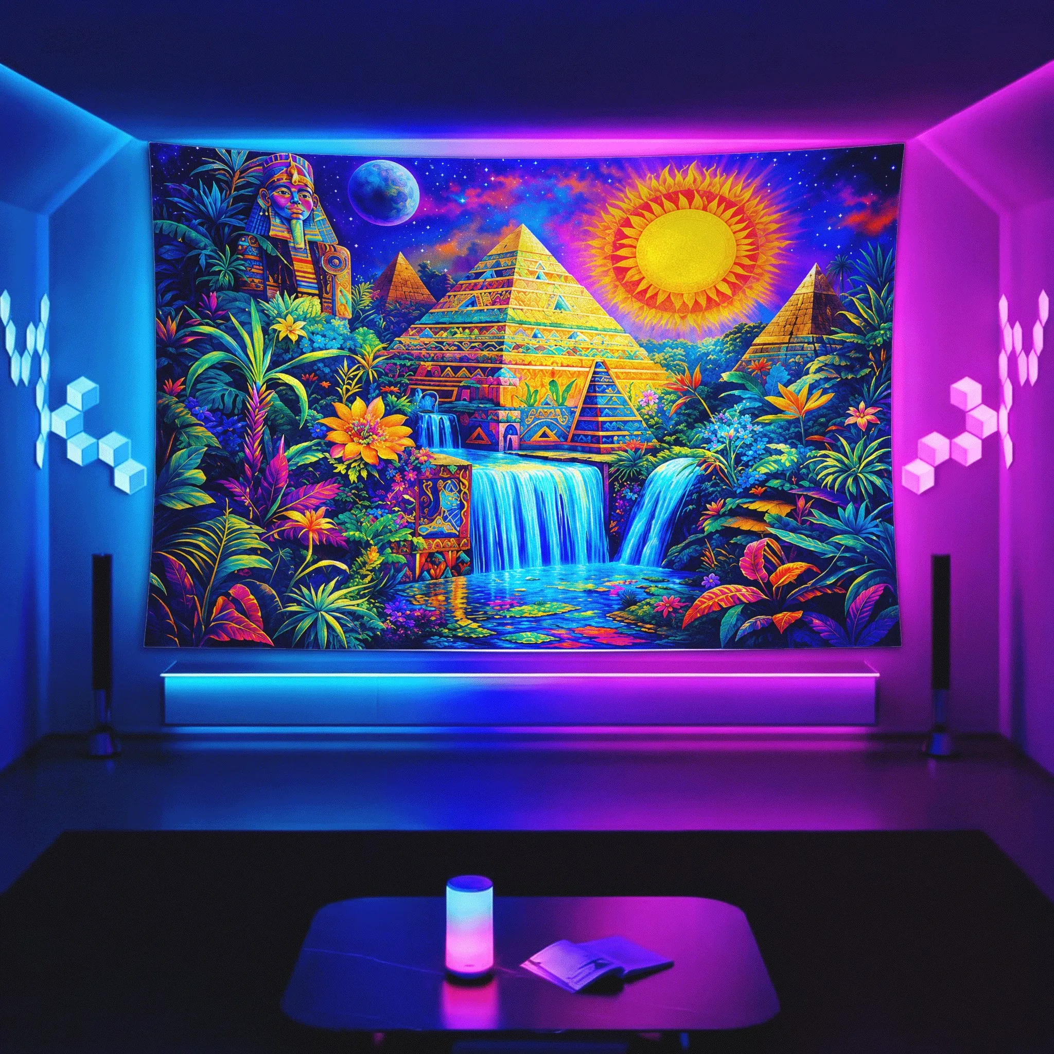 Majestic Psychedelic Pyramid Tapestry Wall Hanging Boho Galaxy Jungle Waterfall Print Polyester Decoration for Room