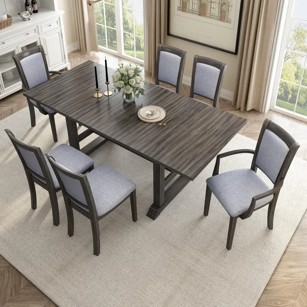 7-Piece Dining Table Set, 76.9inch Extendable Trestle Dining Table with Upholstered Side Chair and Arm Chair, Dining Room Sets