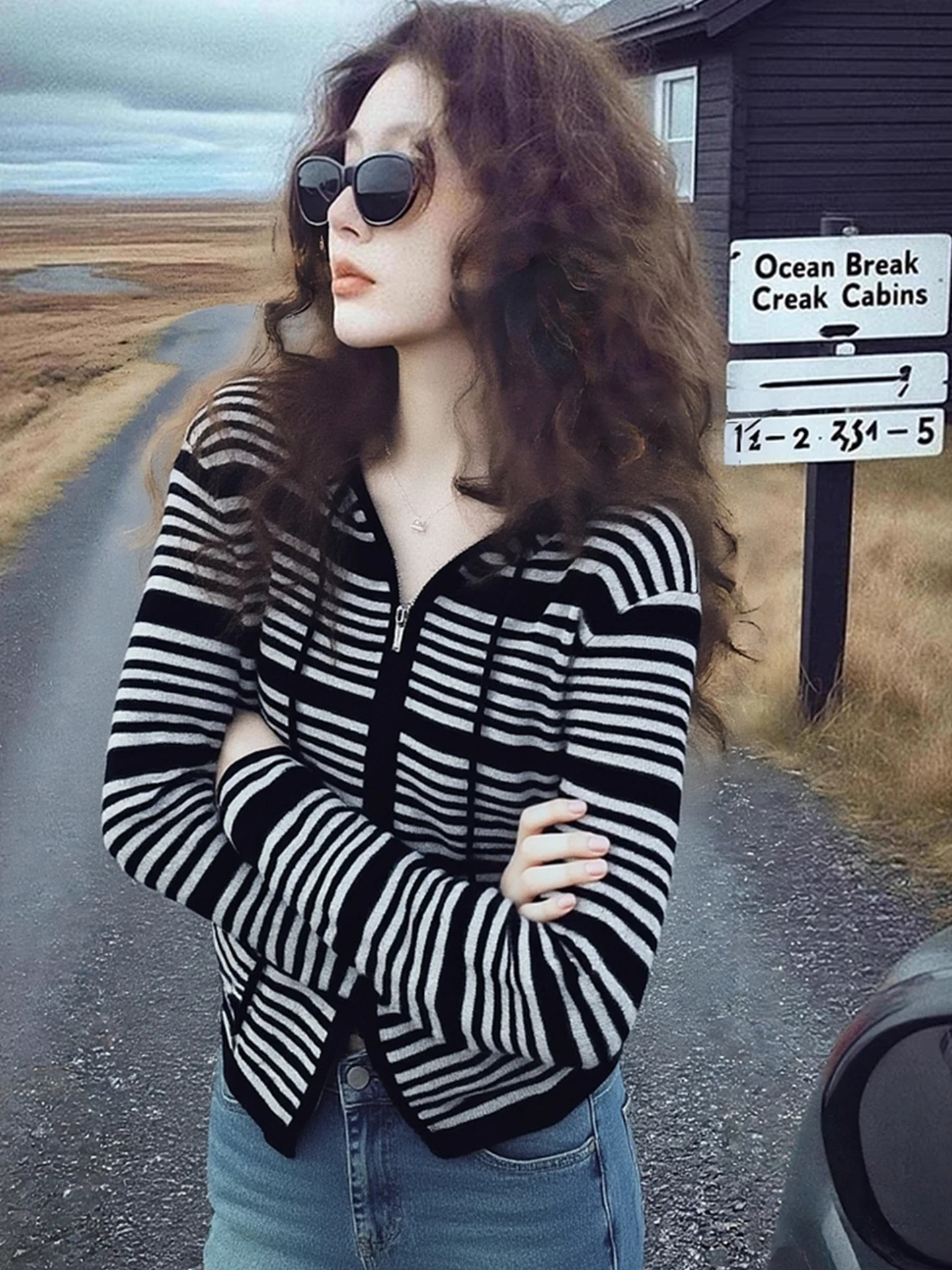 

Korean Sle Zipper Long Sve Knitted irt Faionable Striped Base irt Women's Winter 2025 Commute Straight Cut Design