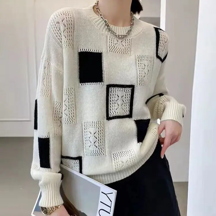 Europäischer Stil Farbblock-Karo-Strickpullover für Damen, Frühling und Herbst Dünne Version, 2025 Neuer Vintage Rundhals-Mohair-Pullover