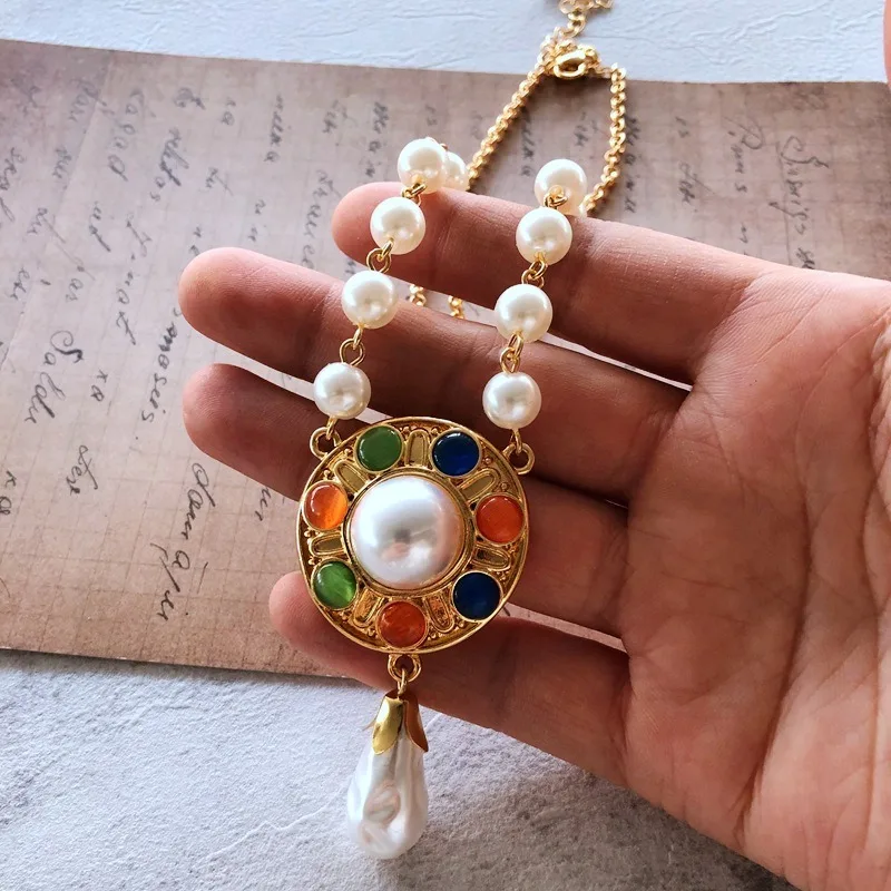 

Foreign Trade Western Antique Colored Opal Necklace Electroplated Real Gold Chain Pearl Neck Chain Necklace