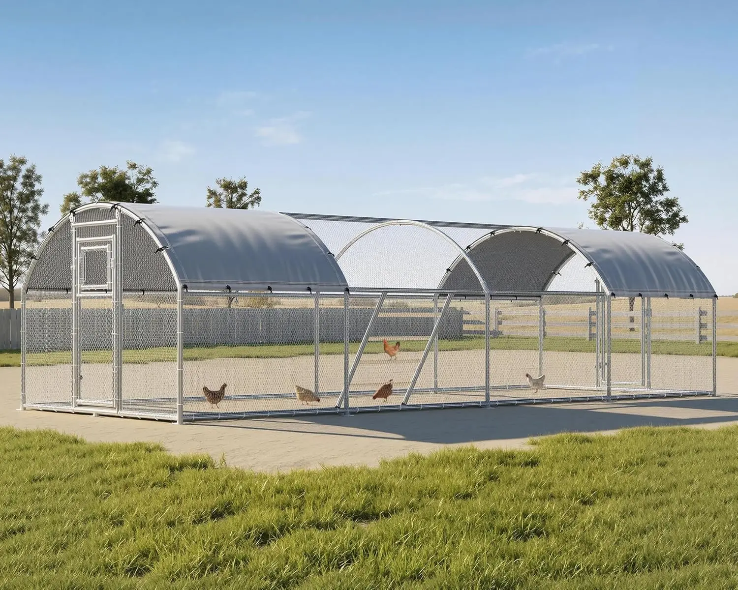 

Extra Large Walk-in Chicken Coop Dome Run with Cover Dual Doors Feeding Door Roosting Ladder Galvanized Frame 26x10ft Custom