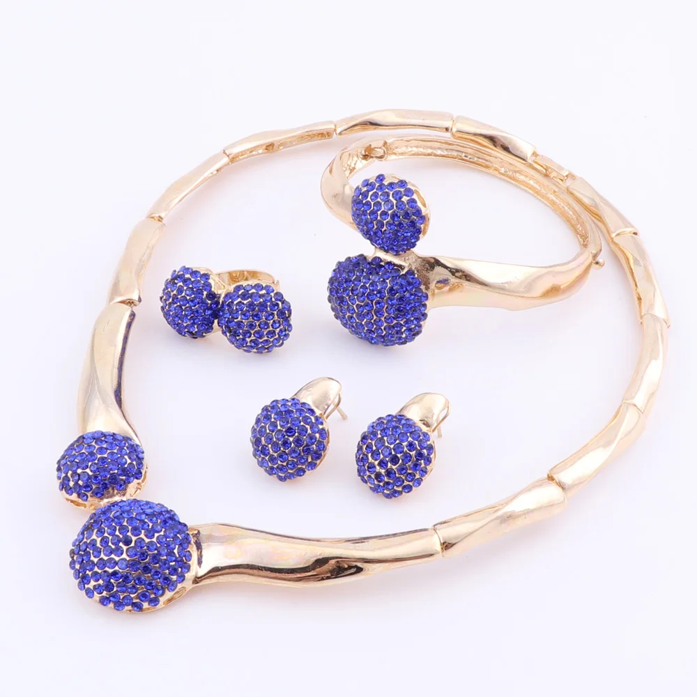 Bridal Jewelry Set Blue Crystal Party Wedding Costume Accessories Gold Color Necklace Earring Bracelet Ring Sets Gifts for Women