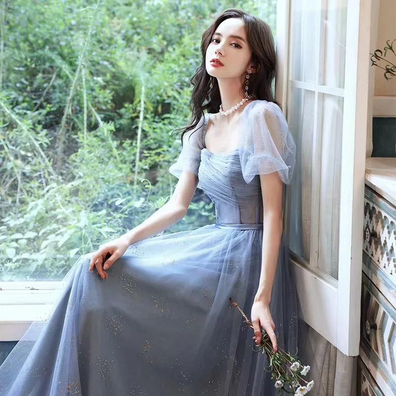 

Romantic Light Blue Prom Dresses Square Collar Puff Sleeve Vintage Backless A-Line Princess Formal Party Bridesmaid Evening Gown