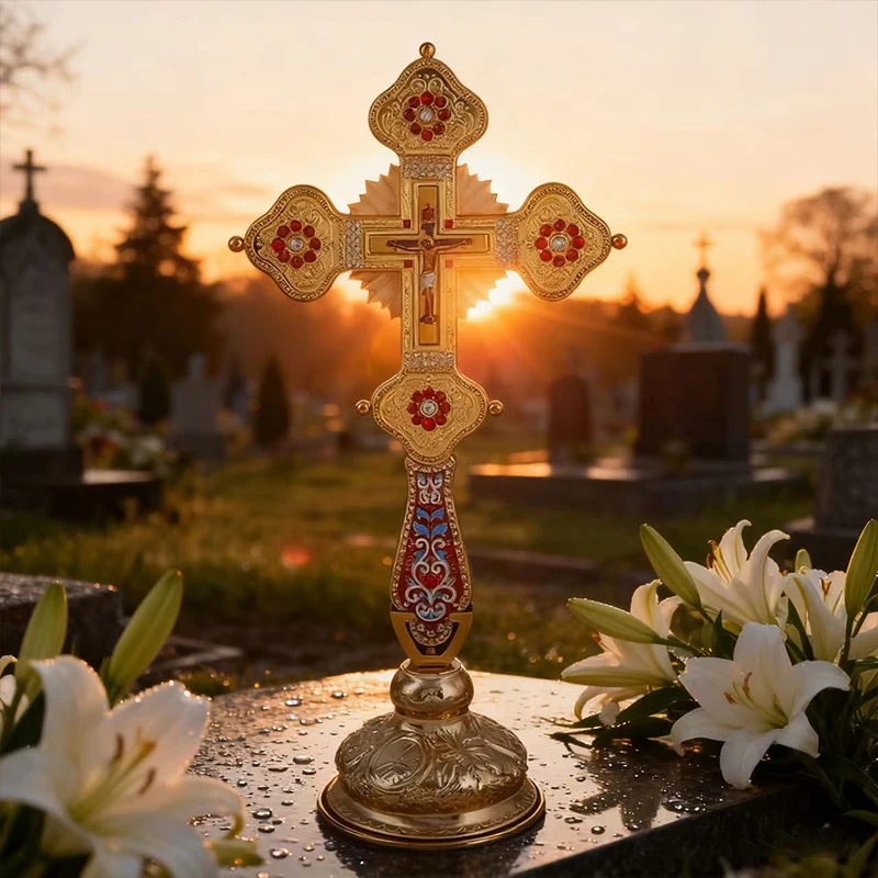 Vergoldetes Orthodoxes Standkreuz mit Emaille- und Kristalleinlage und Kruzifix-Ikone, Hochwertiges Kirchenaltar-Kreuz für Liturgie und spirituelle Zwecke – Detail 6