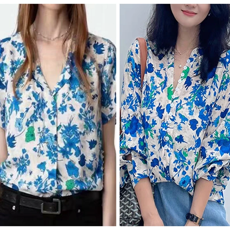 

Women's spring and summer blue printed lace patchwork V-neck short sleeved casual top long sleeved top elegant women's shirt