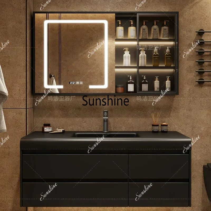 YItalian minimalist black sink integrated light luxury bathroom cabinet combination intelligent