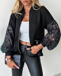 Women's Jacket Autumn Casual Solid Color Zipper Pocket Design Contrast Sequin Lantern Long Sleeve Jacket Coat